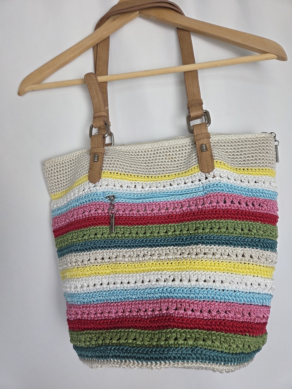 The Sak Rainbow Stripe Crochet Shoulder Bag Multicolor Tote Purse Zipper Close - Picture 6 of 13